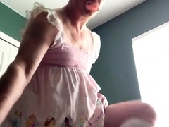 ABDL Diapered sissy in pretty pink dress with teddybear